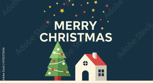 Merry christmas greeting with a decorated tree and cozy house under a starry night sky