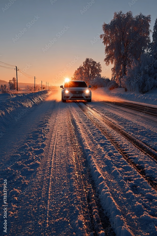 Obraz premium a car on a winter road in the morning