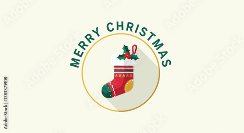 Festive christmas stocking with holly and berries inside a golden circle with merry christmas text