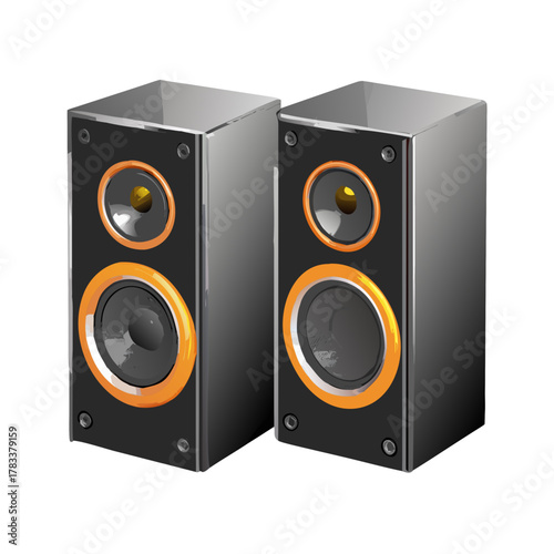 Realistic Stereo Speakers Pair Vector Illustration with Orange Accents
