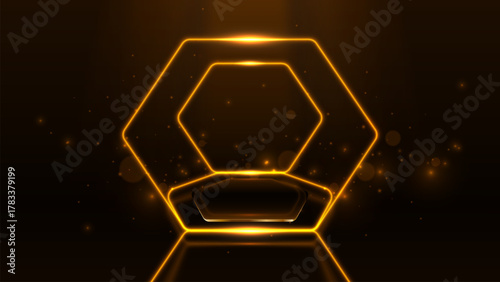 Black product display stand and gold light neon frame with glitter effect, bokeh decoration on dark background. Modern luxury scene design concept.