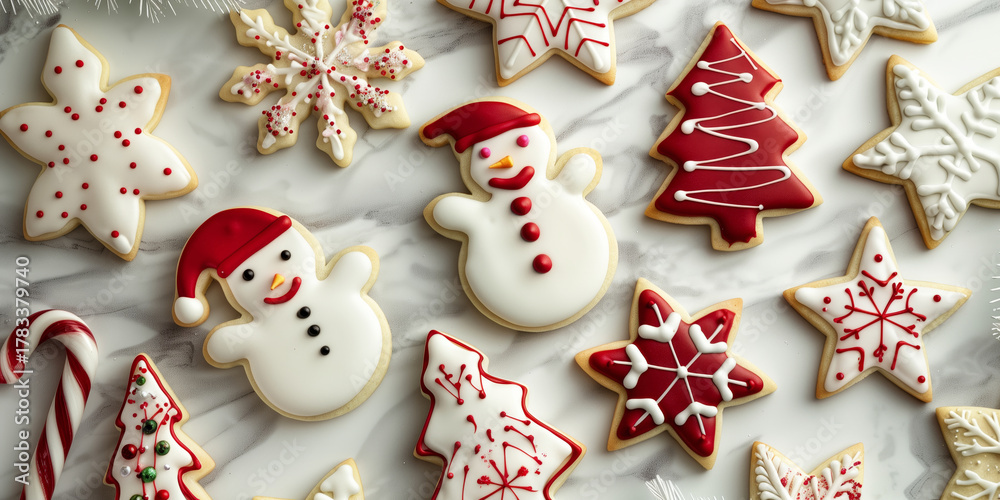 Fototapeta premium Assorted holiday sugar cookies decorated with red and white icing in shapes of snowmen, stars, snowflakes, candy canes and Christmas trees.