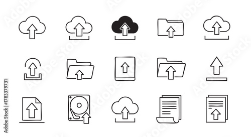 Data upload cloud storage file sharing and hard drive icons set