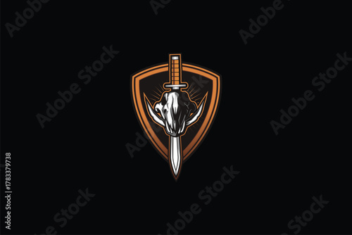 Skull Wild boar with sword animal vector logo design template