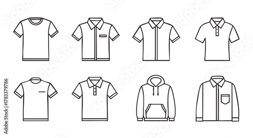 Different types of shirts outline drawing clothing design template vector