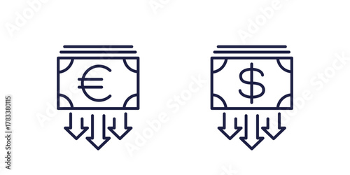 reduce costs line icon with euro and dollar