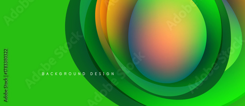Abstract vibrant layers create circular design. Green background complements colorful central element. Modern, dynamic visual composition.