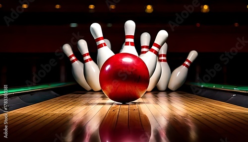 Bowling pins, a wooden bowling alley, a red bowling ball, and a blurry background