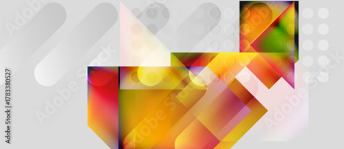 Abstract composition. Overlapping colorful rectangles, gradients, translucent shapes create dynamic visual effect. Minimalist design, light background.