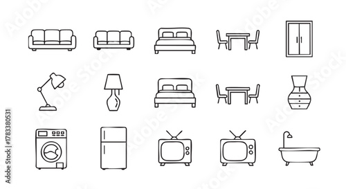 Line art illustration of furniture and appliances on white background