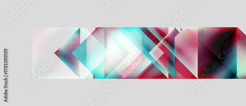 Abstract geometric shapes overlap, creating vibrant color blends. Pink, teal, red dominate composition. Modern design element.