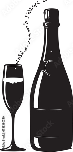 Silhouette of a champagne bottle and a flute with bubbles , champagne, bottle, flute, glass