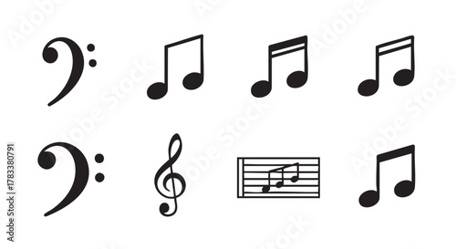 Musical notes and symbols isolated on white background for music design