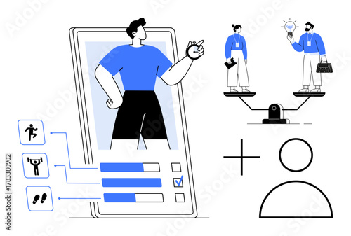 Fitness app interface with activity icons, progress bars, and user profile. People on scales symbolize work-life balance. Ideal for health, wellness, productivity, balance, apps lifestyle
