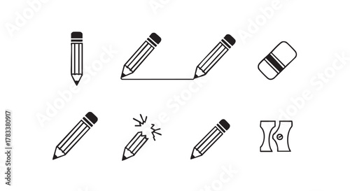 Pencil icons in different situations writing drawing broken on white background