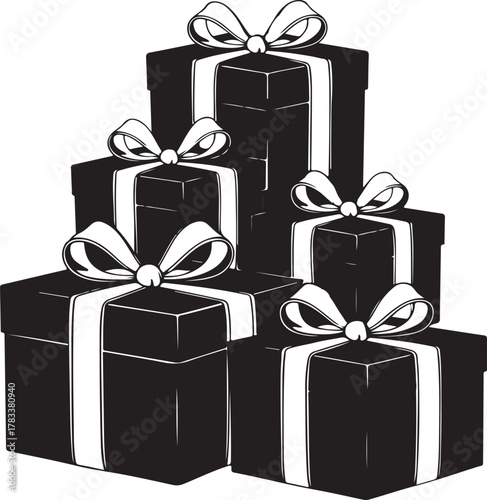 Stack of Black Gift Boxes Tied With White Ribbons and Bows , gift, present, box, package, ribbon