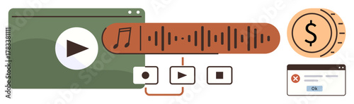 Music note with sound wave, video player, playback controls, coin, and alert box. Ideal for content creation, media streaming, copyright management online earning podcasting video editing. Simple