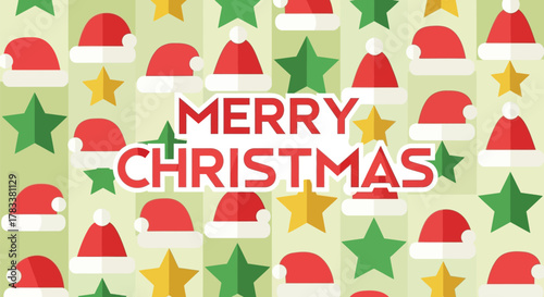 Festive merry christmas greeting with repeating santa hats and stars on a light green striped background