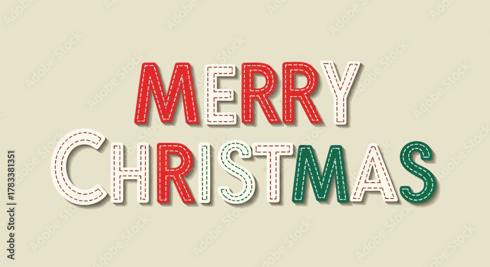 Fototapeta premium Festive merry christmas text with red and green stitched letters on a neutral background