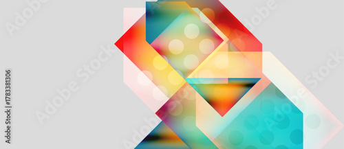 Abstract geometric shapes overlap, creating vibrant color blends. Light, shadow, texture define modern design elements.