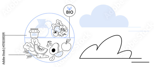 Fruits, vegetables, grains, and bio label framed in a circle with abstract cloud and clean lines. Ideal for sustainability, health, farming, ecology wellness veganism fresh produce. Simple flat
