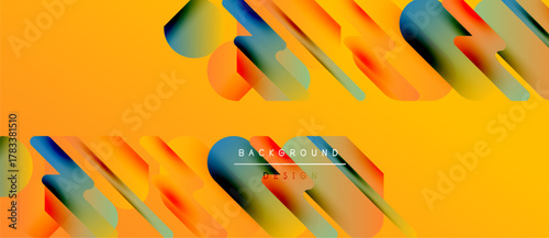 Abstract vibrant layers create dynamic visual effect. Orange dominates, accented by blue, green, purple gradients. Modern design element.