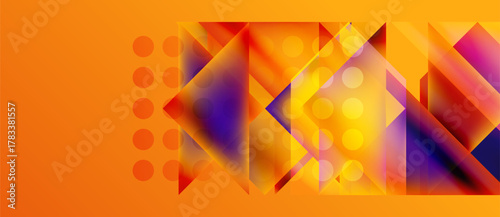 Abstract geometric design. Vibrant orange background features triangles, circles, purple hues. Modern, dynamic composition.