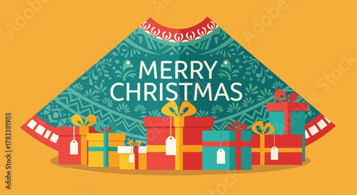 Festive merry christmas greeting with a collection of colorful wrapped gifts and decorative elements on a warm orange background