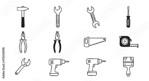Set of Various Hand Tools for Repair and Construction Work Doodle Style