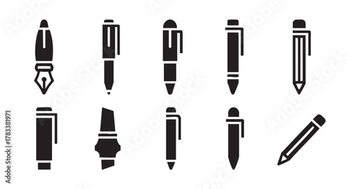 Set of writing instruments in black color for graphic design use