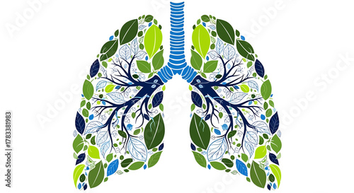 Stylized human lungs formed by green and blue leaves and branches, symbolizing respiratory health and environmental well-being.