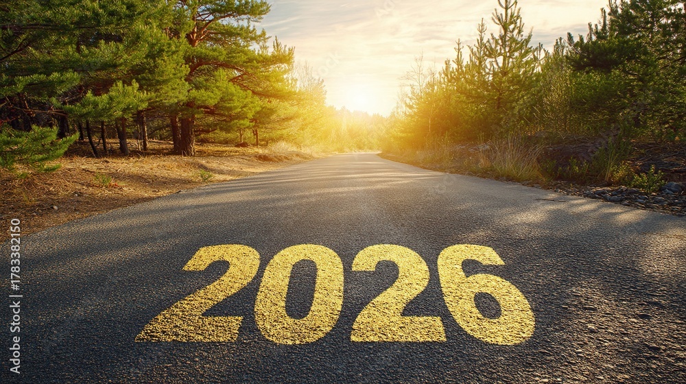 Obraz premium 2026, art and a sunlit forest path on asphalt road with green trees, bushes and a clearing. A bright path leading to light symbolizes progress, future possibilities and freedom for new adventures.