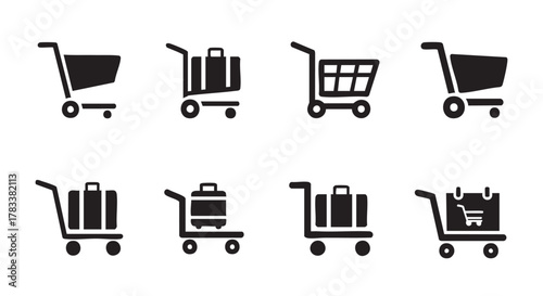 Shopping Carts and Luggage Carts Icons in Black and White Design