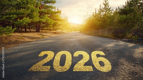 2026, art and a sunlit forest path on asphalt road with green trees, bushes and a clearing. A bright path leading to light symbolizes progress, future possibilities and freedom for new adventures.