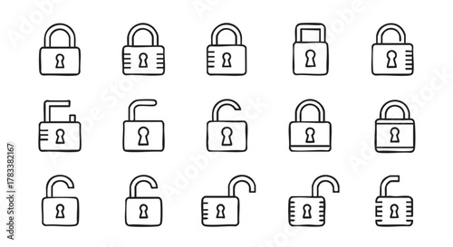 Simple line drawing of padlocks security icons on a white background
