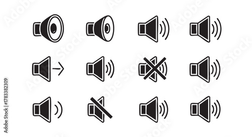 Speaker and sound volume icons black and white collection vector illustration