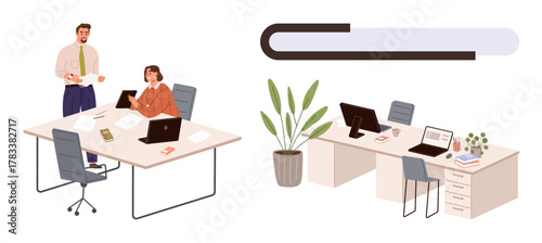 Colleagues collaborating at a desk, laptops and documents present. Nearby, a tidy workstation includes computers, plants, books. Ideal for teamwork, productivity, office life organization