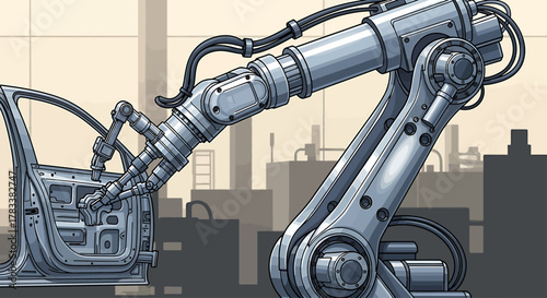 Robotic arm precisely assembling a car door in an automated factory setting.