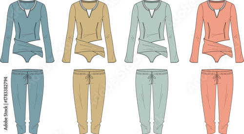 Fashionable women's apparel collection featuring long-sleeve tops, innovative designs, and trendy sweatpants, modern looks