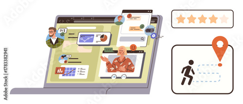 Laptop displaying video calls, charts, notifications, and profiles. Nearby dashboard shows path tracking and customer ratings. Ideal for communication, networking, remote work, organization