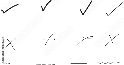  Hand Drawn Check Mark, Cross, and Line Set - Sketch Tick and X Symbols