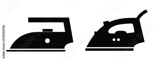 Steam iron silhouette icons for laundry care, ironing, household appliance, and pressing clothes symbol