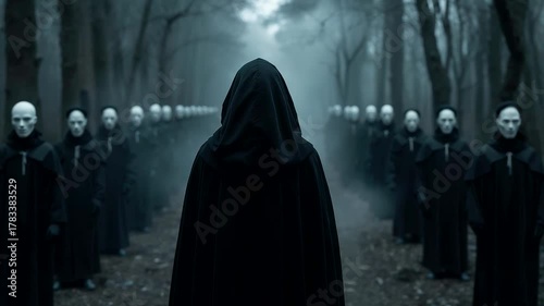 Hooded Figure in Black Cloak Walking Toward Rows of White Masked Figures in Misty Forest