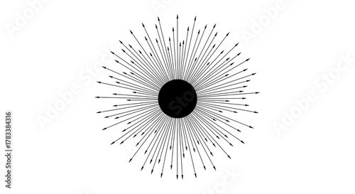 A black circle at the center of a radial pattern of thin, outward-pointing arrows on a white background.