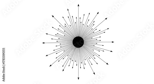Abstract radial design with arrows emanating from a central black circle on a white background.