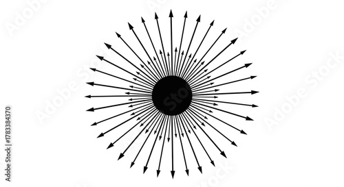 A black circle with numerous arrows radiating outwards in all directions, symbolizing expansion or a burst of energy.