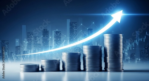 Stacks of coins ascend with glowing arrow symbolizing financial growth against a city skyline