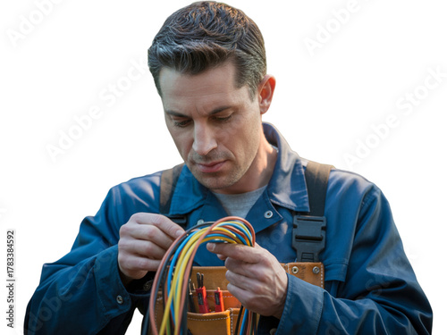 Focused male electrician expertly connects wires performing electrical work repair service occupation skillful technician transparent background