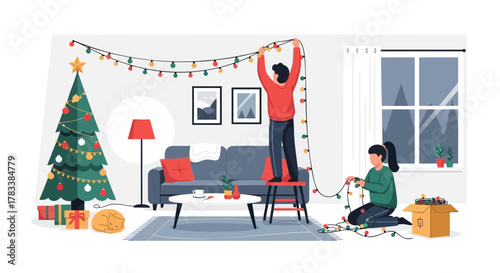 Couple decorating a living room with a christmas tree and string lights for the holiday season celebration