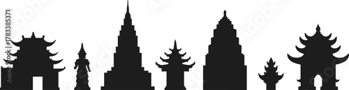 Asian architecture silhouette, pagoda temple icons, cultural heritage vector, traditional shrine illustration, Buddhist monument design, sacred landmark art, black graphic